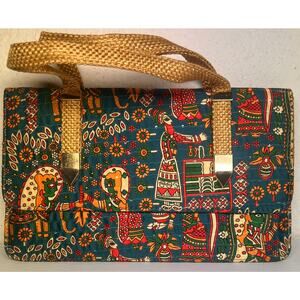 Vintage Folk Art CrossBody Handbag Clutch Purse Gold Handles 44" Chain Strap